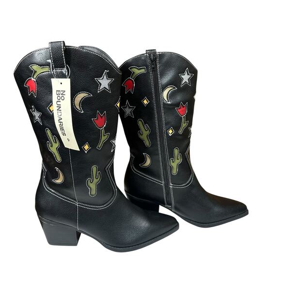 No Boundaries Shoes - No Boundaries Western Cowgirl Boots Cactus Moon Star Black Faux Leather Womens 9